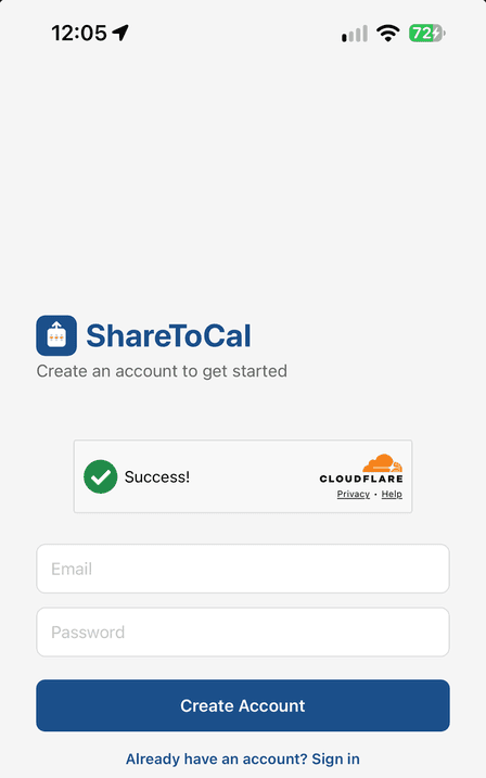 ShareToCal Create Account screen, with email and password fields