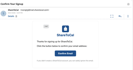 ShareToCal confirmation email with a Confirm Email button