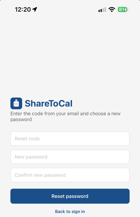 In-app screen to enter the reset code and choose a new password