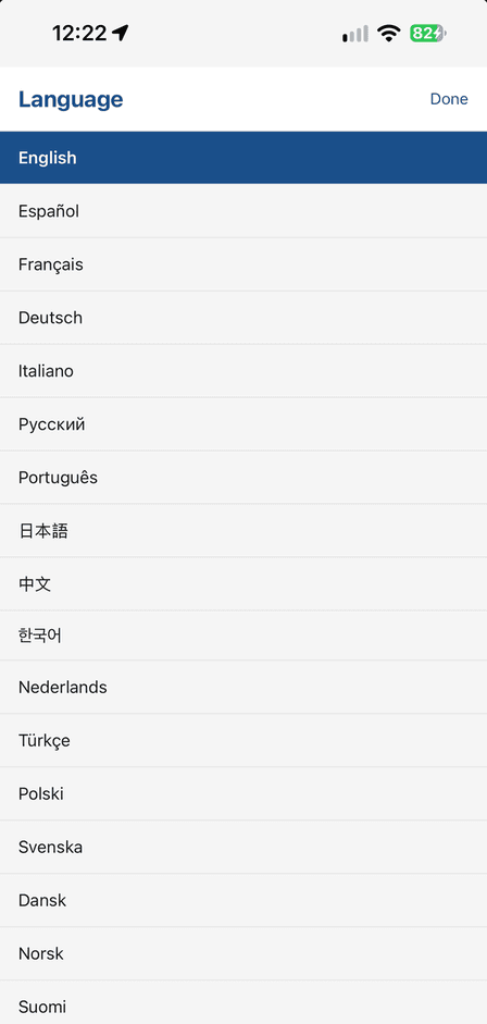 Language picker showing 25 supported languages