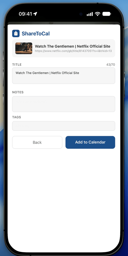 Title, note, and tags entry screen