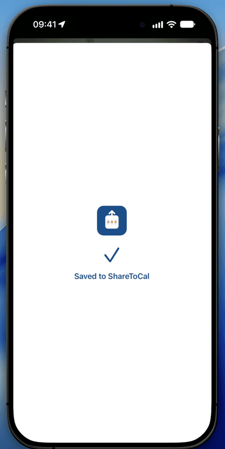 'Saved to ShareToCal' confirmation screen
