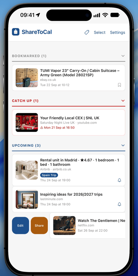 Swiping an item left reveals Edit and Share buttons