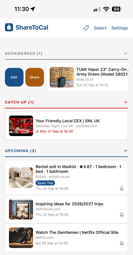 Swiping a bookmarked item left reveals Edit and Share