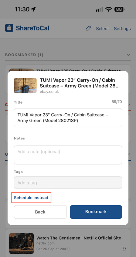 The edit screen for a bookmark, with Schedule instead highlighted