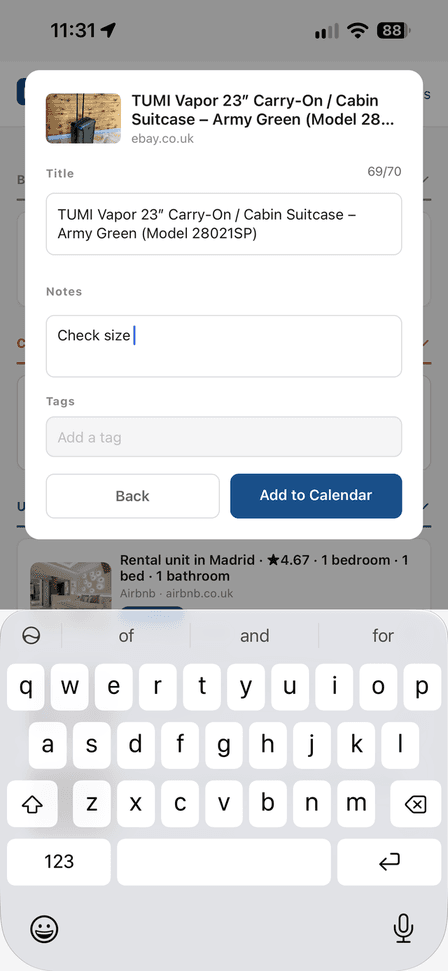 The edit screen after scheduling, with a note added and Add to Calendar as the button