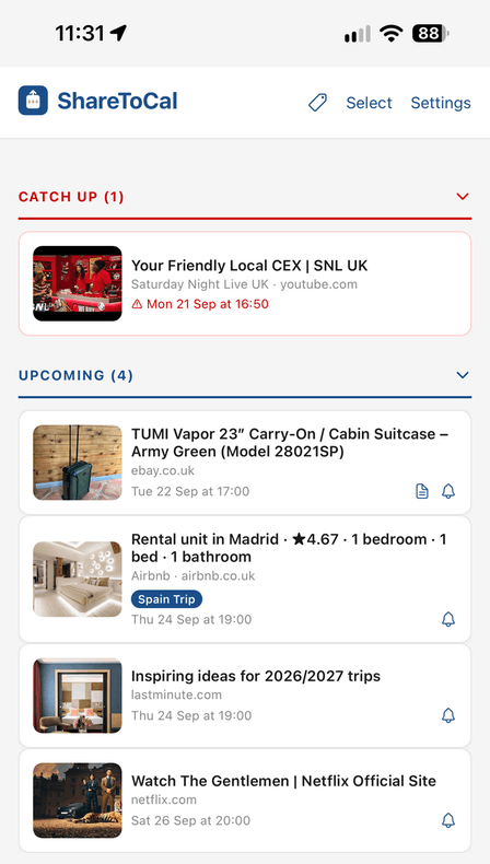 The item now appearing in Upcoming with its scheduled time and note