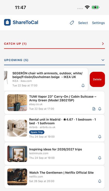 Swiping an item left reveals the Delete option