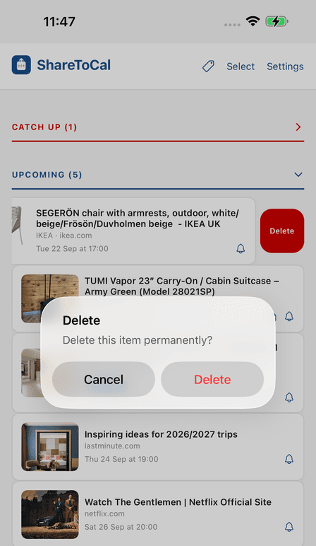 The confirmation prompt: 'Delete this item permanently?'