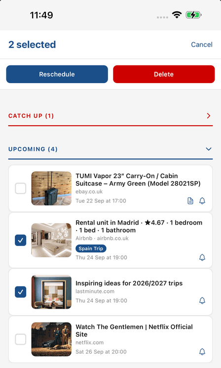 Multi-select mode: two items checked, with Reschedule and Delete buttons