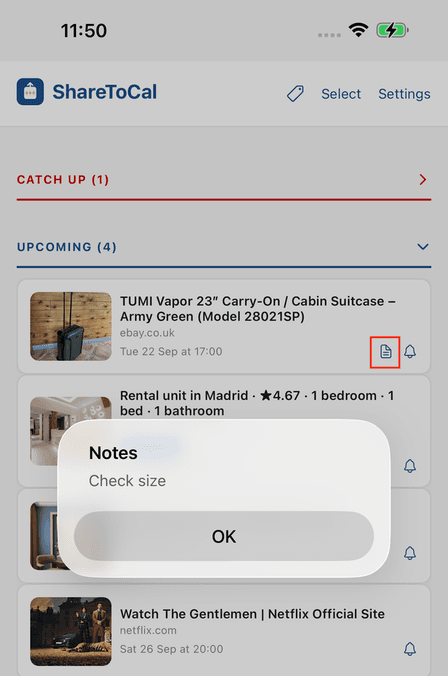 Tapping the note icon shows the note in a popup
