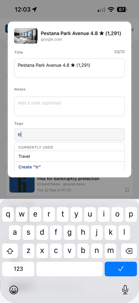 Typing 'tr' shows the existing 'Travel' tag as a suggestion