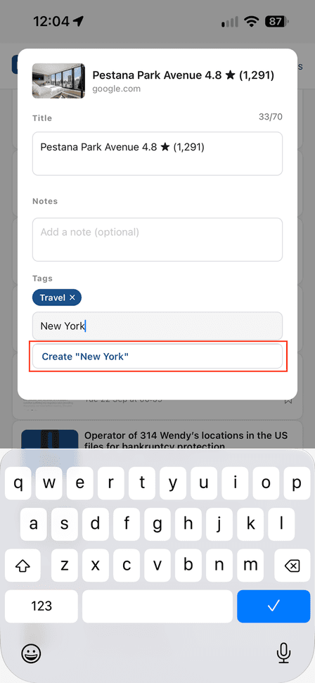 Adding a new tag by tapping Create 'New York'