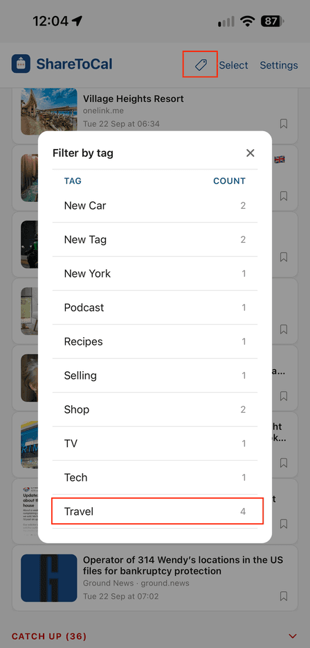The Filter by tag list, with the Travel tag (4 items) highlighted