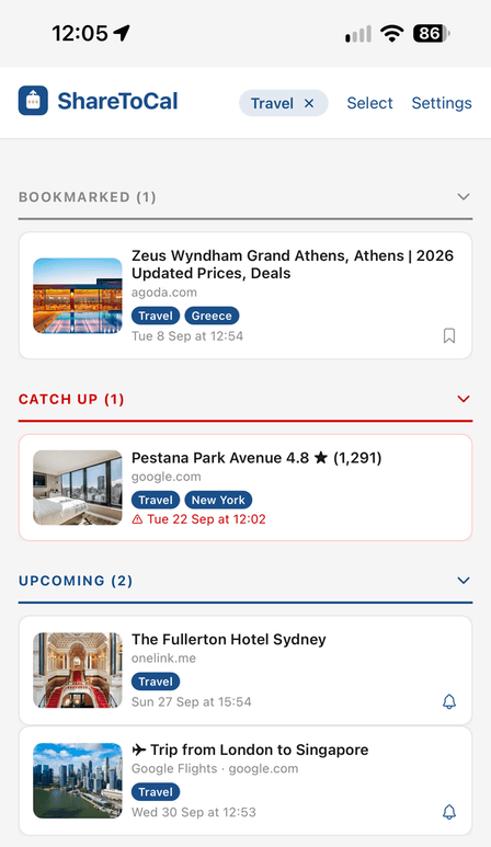The list filtered down to items tagged Travel, spanning all three sections