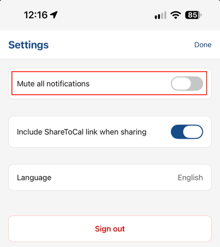 The Mute all notifications toggle in Settings