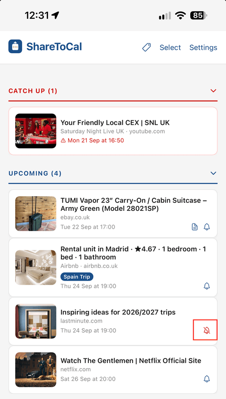 Muting a single item by tapping its bell icon, shown crossed out