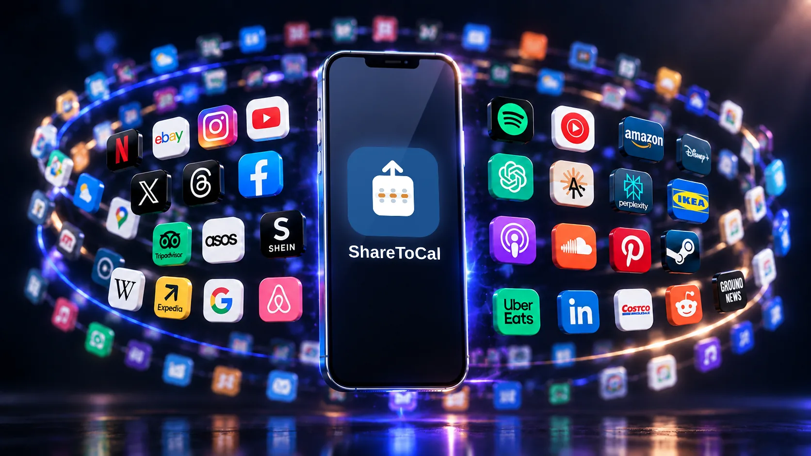 A phone showing the ShareToCal app, surrounded by the apps you can share from